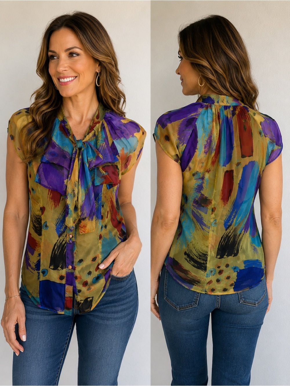 MM Couture by Miss Me 100% Silk Abstract Print Tie Neck Blouse Size M